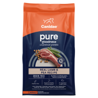 Canidae Pure Goodness Grain Free Real Lamb and Pea Recipe. Blue and orange 25-lb dry dog food bag.