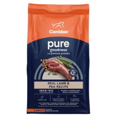 Canidae Pure Goodness Grain Free Real Lamb and Pea Recipe. Blue and orange 25-lb dry dog food bag.