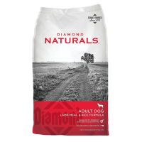 Diamond Naturals Lamb Meal and Rice Formula Adult Dry Dog Food. Red and grey feed bag.