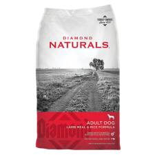 Diamond Naturals Lamb Meal and Rice Formula Adult Dry Dog Food. Red and grey feed bag.