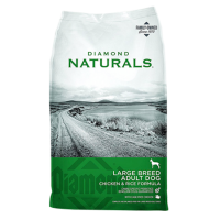 Diamond Naturals Large Breed Adult Chicken & Rice Dog Food. Green and grey feed bag.