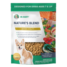 Dr. Marty Nature’s Blend Active Vitality Premium Freeze-Dried Raw Dog Food. Available in 6-oz option.