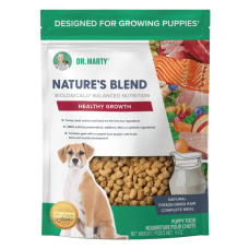 Dr. Marty Nature’s Blend Healthy Growth Premium Freeze-Dried Raw Puppy Food. Available in 6-oz option.