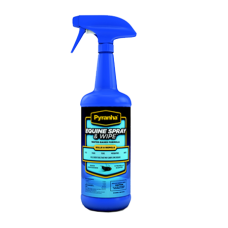 Pyranha Water Based Equine Spray in a blue spray bottle with black label