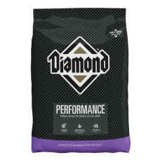 Diamond Performance Dry Dog Food. Black and purple dog food bag.