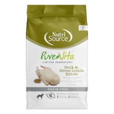 Nutrisource Grain Free Duck & Green Lentils Entrée. 25-lb bag of dry dog food.