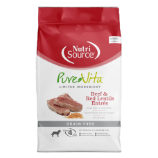 Nutrisource PureVita Grain-Free Beef Red Lentils Dog Food. Red and white dry dog food bag.