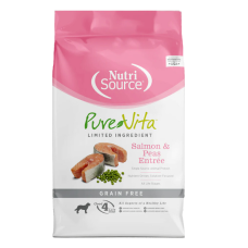 Nutrisource PureVita Grain Free Salmon & Peas Entrée. Pink and white dry dog food bag.