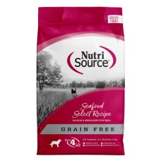 Fushia 26-lb dry dog food bag. Seafood Select Gran Free Recipe.