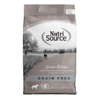 Nutrisource Senior Grain Free Turkey Recipe. Silver dry dog food bag.