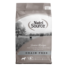 Nutrisource Senior Grain Free Turkey Recipe. Silver dry dog food bag.