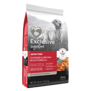 Exclusive Signature Adult Dog Chicken & Brown Rice Formula. Red dry dog food bag.